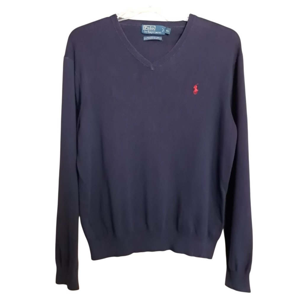 Polo Ralph Lauren Men's Long Sleeve Sweater V-Neck 100% Pima Cotton Navy Blue XL